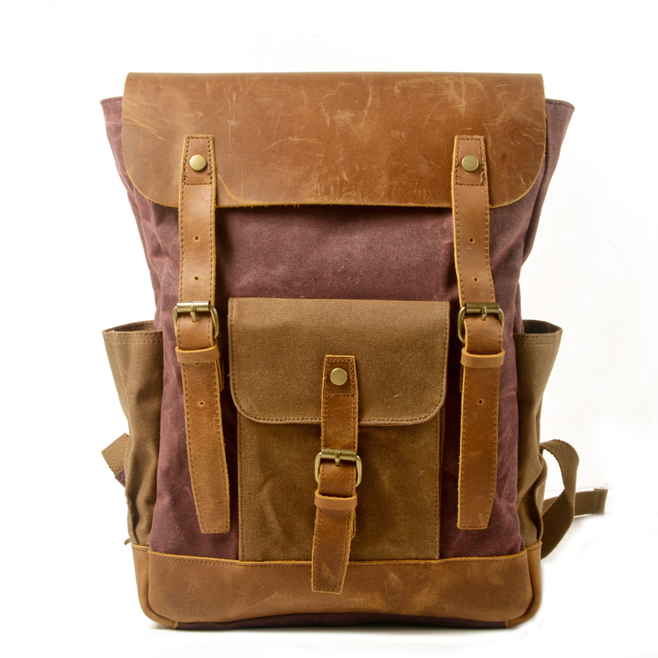 canvas stitching crazy horse leather backpack oil wax waterproof computer schoolbag