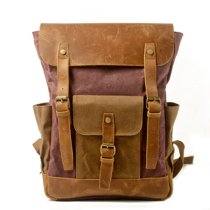 canvas stitching crazy horse leather backpack oil wax waterproof computer schoolbag