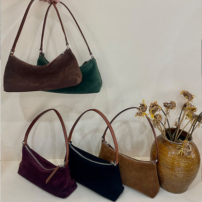 niche suede underarm baguette retro matte top grain leather shoulder bag handbag