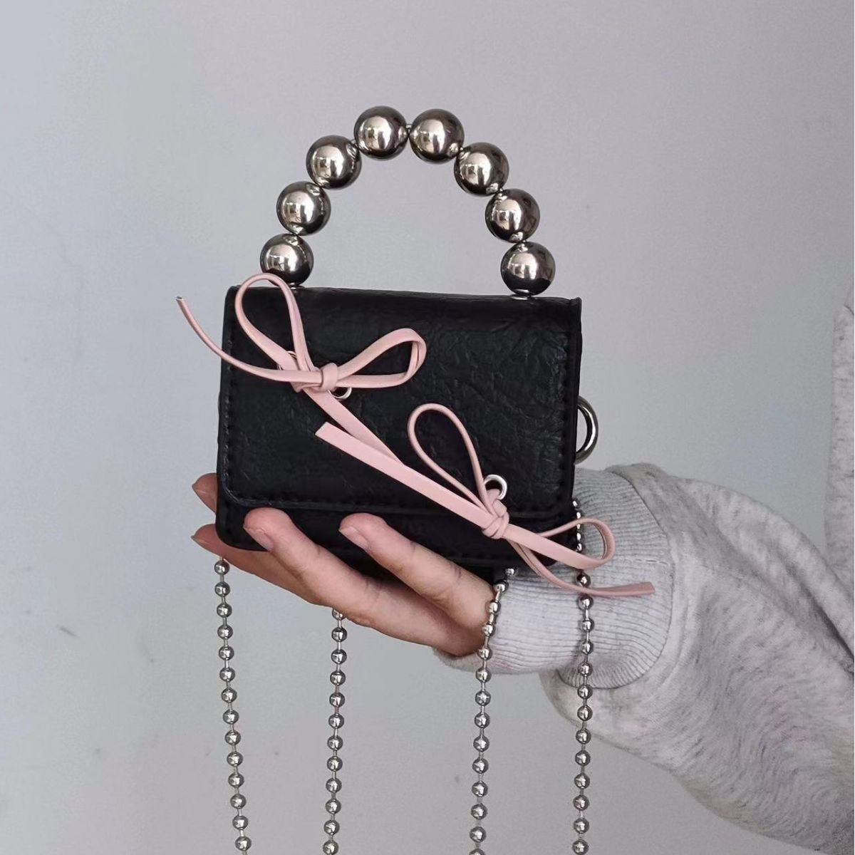 textured cute bow mini chain handbag