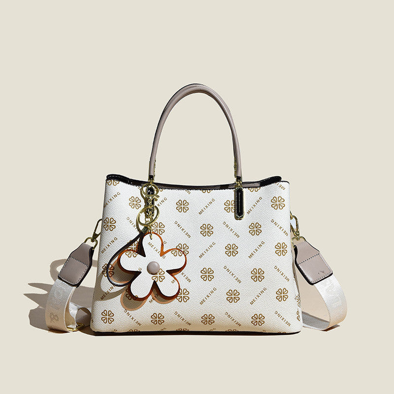 printed tote bag with flower pendant new temperament shoulder bag for women fashion large capacity crossbody bag
