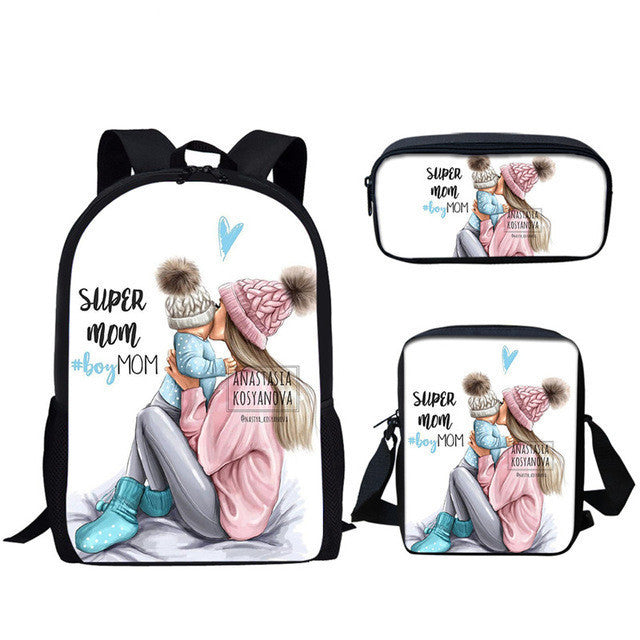 three piece printed student backpack diagonal bag