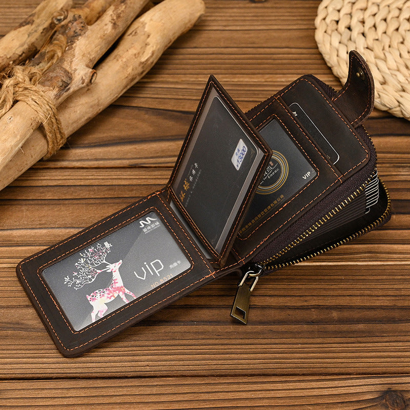 mens short crazy horse leather zipper wallet