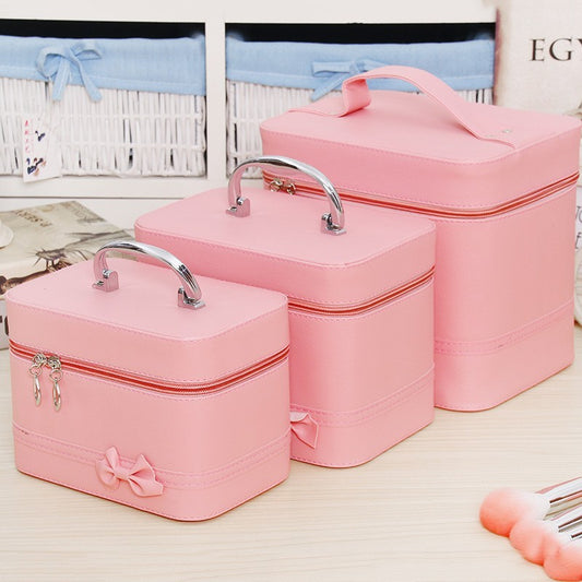 cosmetic case womens bag bow large capacity fashion storage box cute simple portable travel makeup pu bag