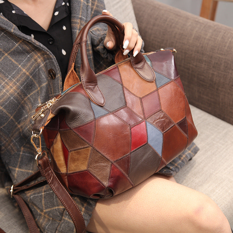 contrasting top layer cowhide one shoulder handbag