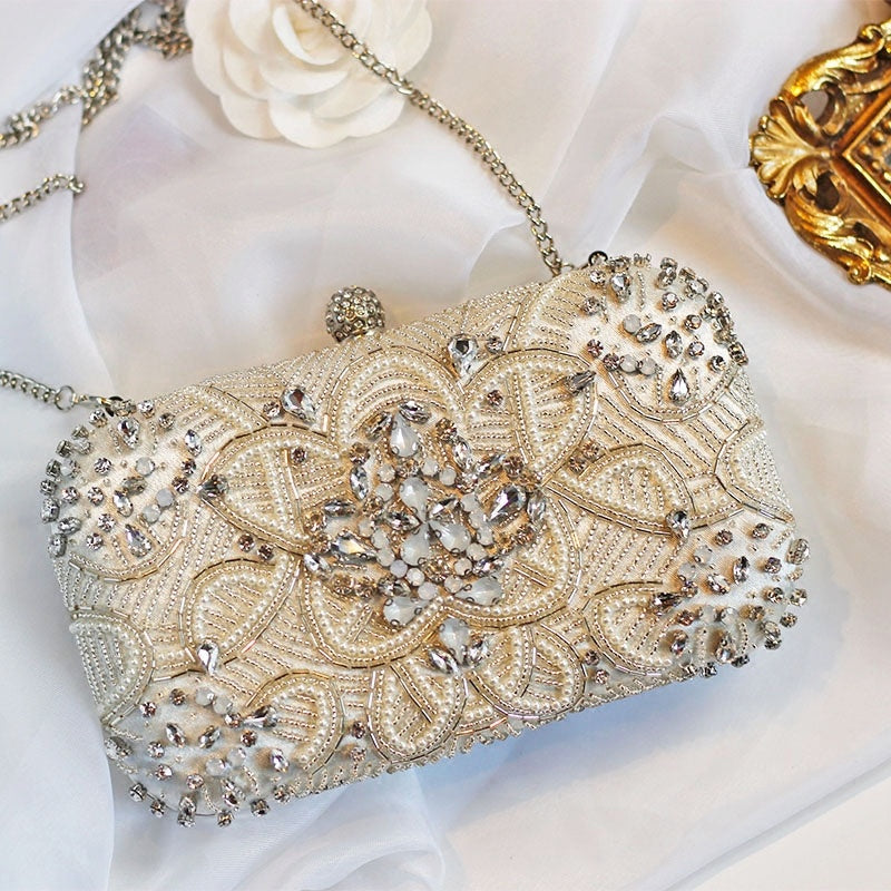 womens hand sewn rhinestone chain evening bag