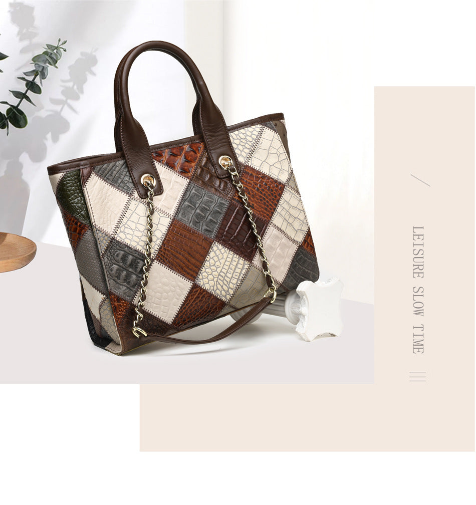 genuine leather bag light luxury high grade contrast color trendy plaid womens bag factory