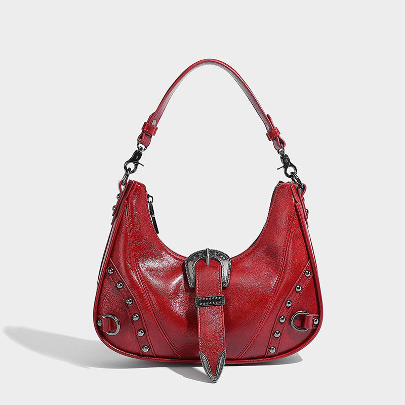 womens distressed silver belt buckle underarm shoulder bag