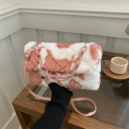 Stylish One-shoulder Envelope Bag With Leopard Print And Fluffy Accents Crossbody Bag