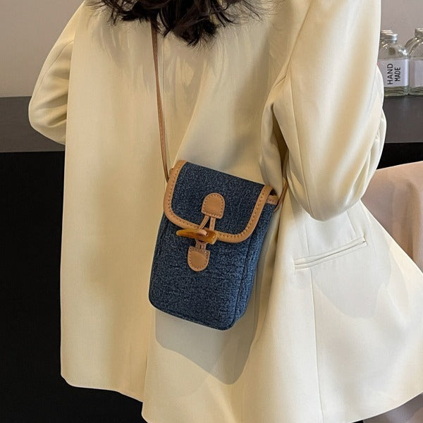 vertical denim mobile phone bag womens horn button shoulder messenger bag