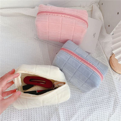 plush makeup bag checkered cosmetic bag cosmetic travel bag large zipper travel toiletry bag portable multi functional capacity bag cute makeup brushes storage bag for women