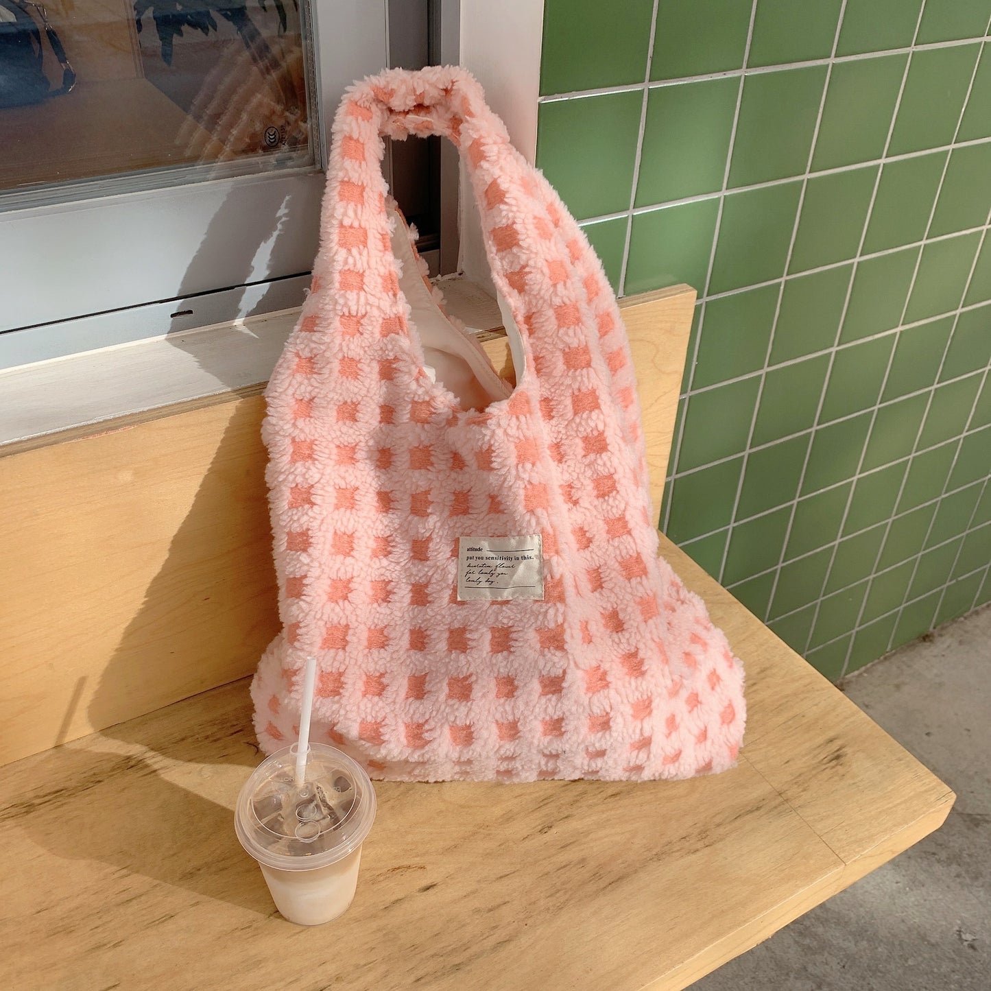 waffle-flannel-bag-tote-bag-large-capacity-commute-minimalist-student-class-bag