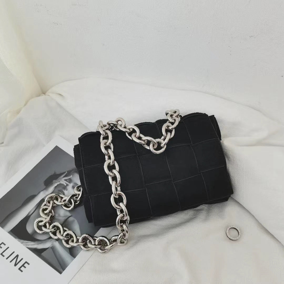 woven small square bag metal chain bag