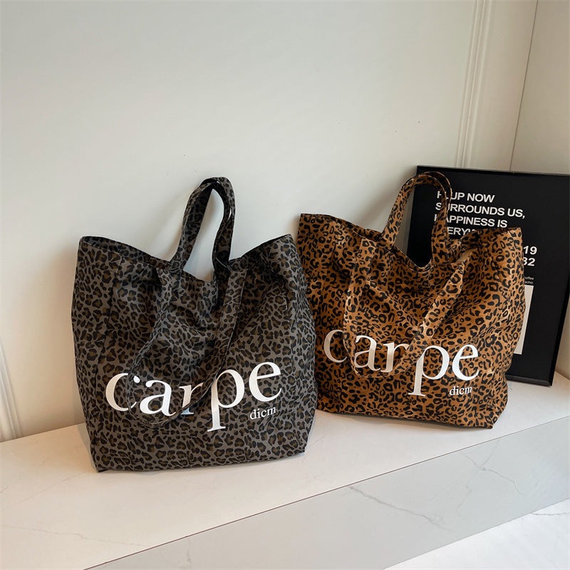 unique one shoulder leopard print large capacity canvas bag