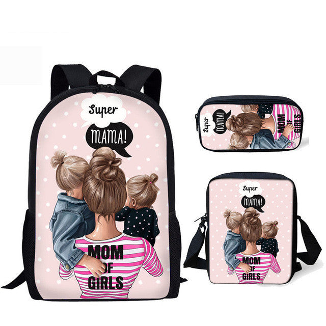 three piece printed student backpack diagonal bag