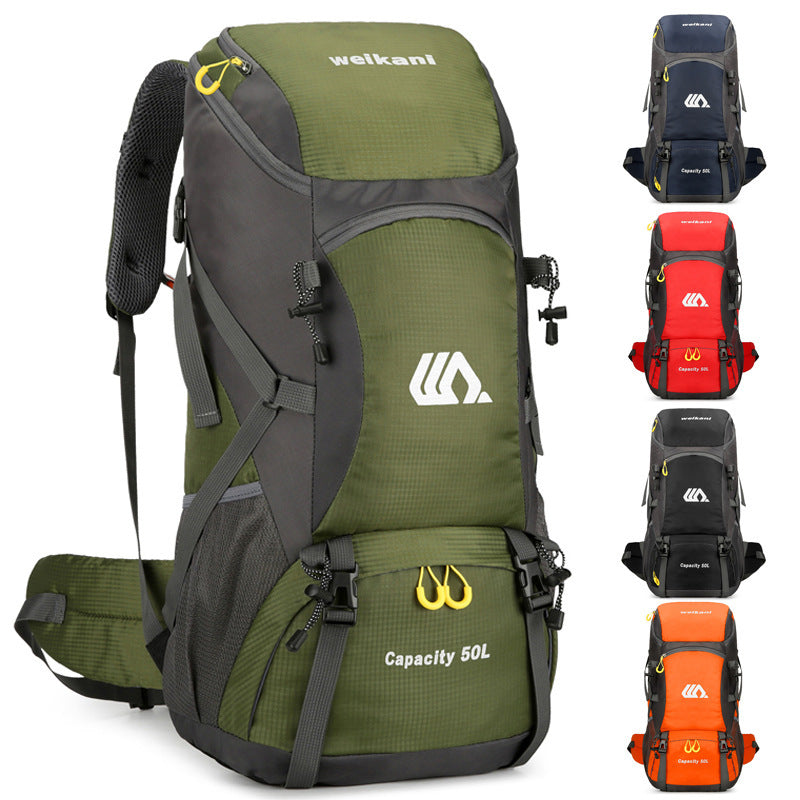 men and women on foot camping bag