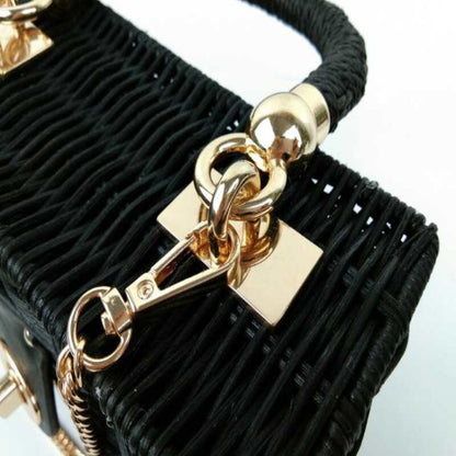 retro rattan single shoulder bag with small square chain