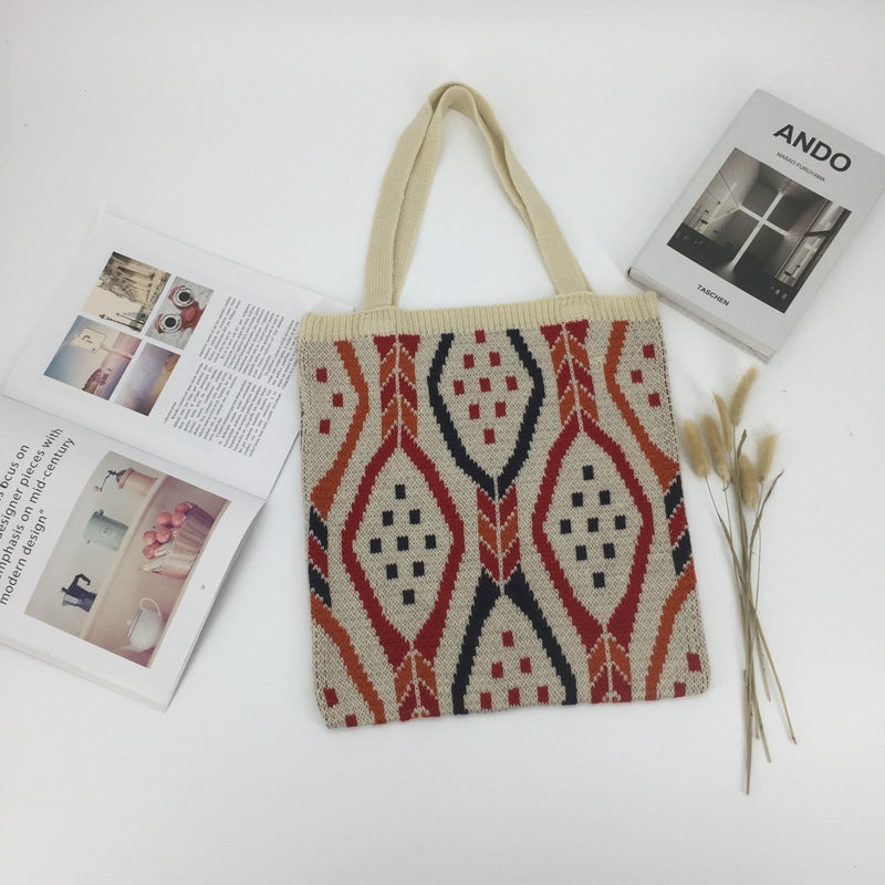 Large-capacity Woven Fabric Check Pattern Handbag