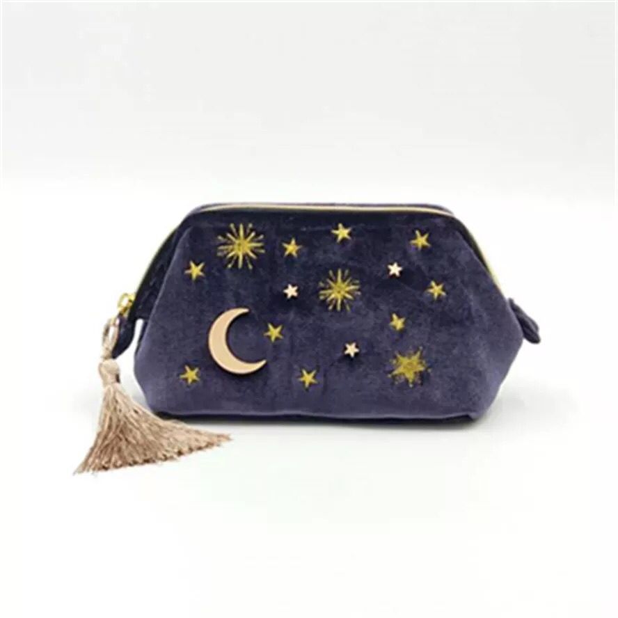 cute stars and moon embroidery velvet tassel cosmetic bag