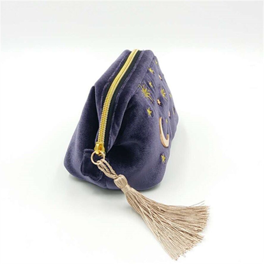 cute stars and moon embroidery velvet tassel cosmetic bag