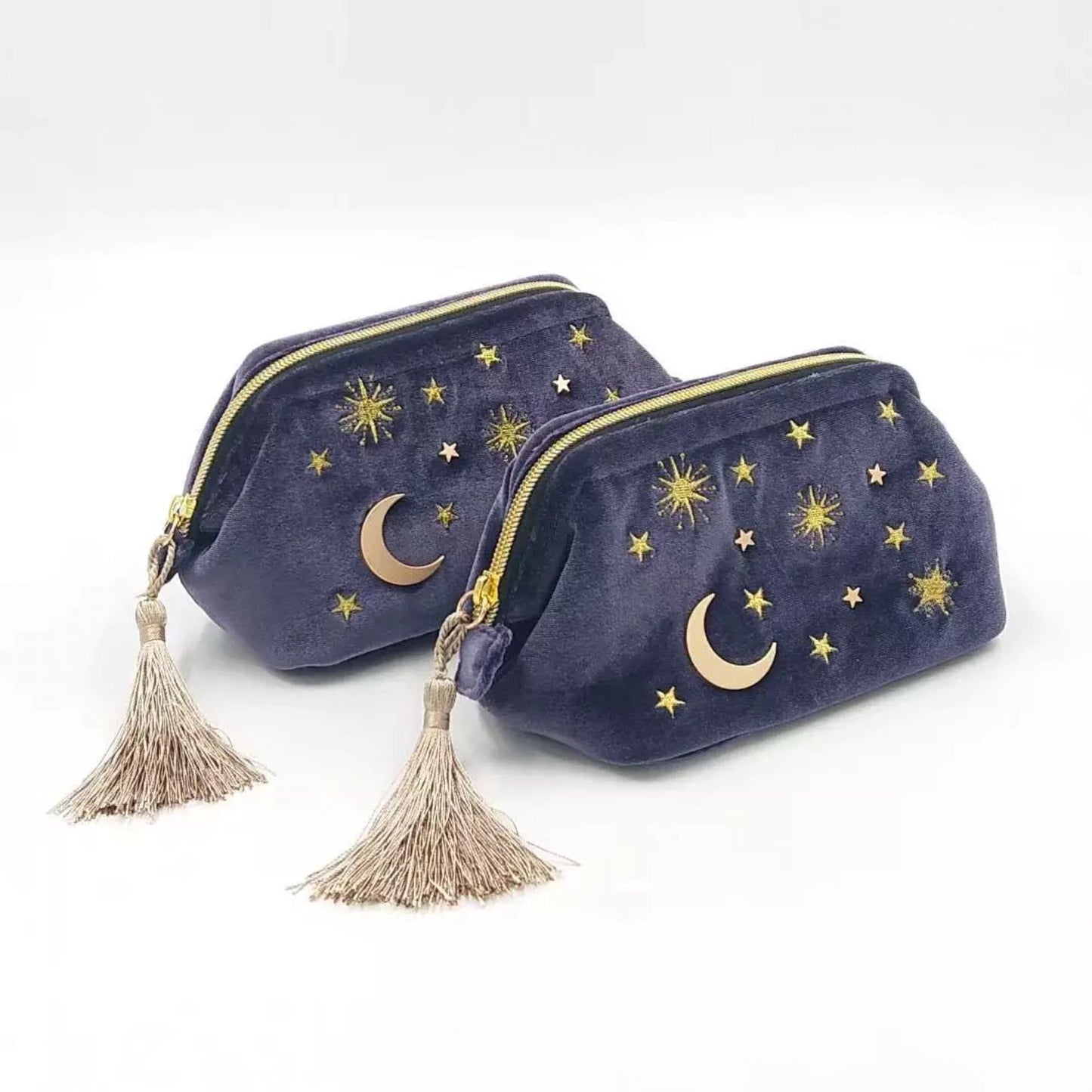 cute stars and moon embroidery velvet tassel cosmetic bag