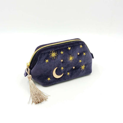 cute stars and moon embroidery velvet tassel cosmetic bag