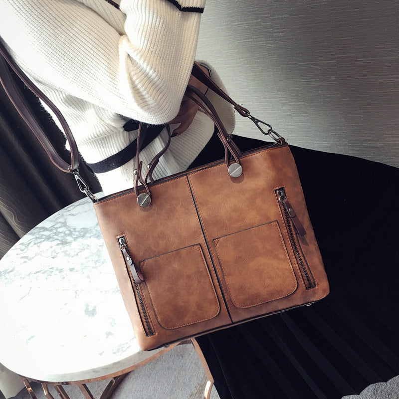 double pocket single shoulder diagonal handbag fashion retro pu oil leather tide bag