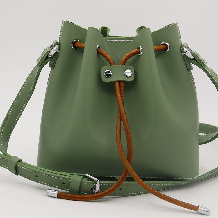 leather hand stitched bucket bag