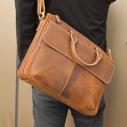 retro crazy horse leather crossbody briefcase