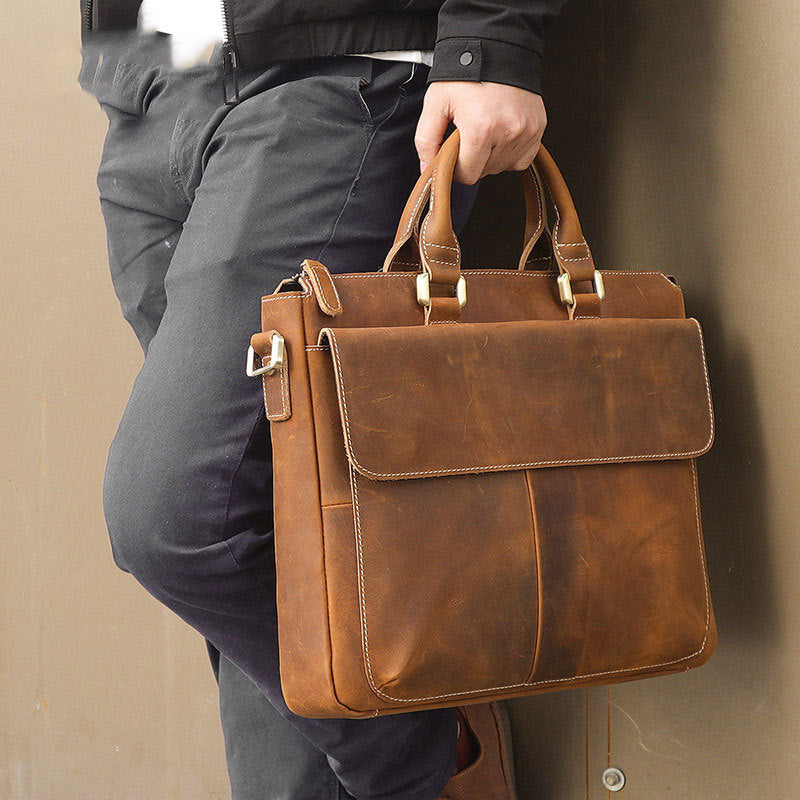 retro crazy horse leather crossbody briefcase