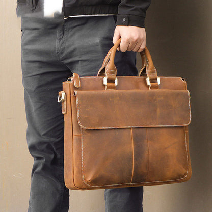 retro crazy horse leather crossbody briefcase