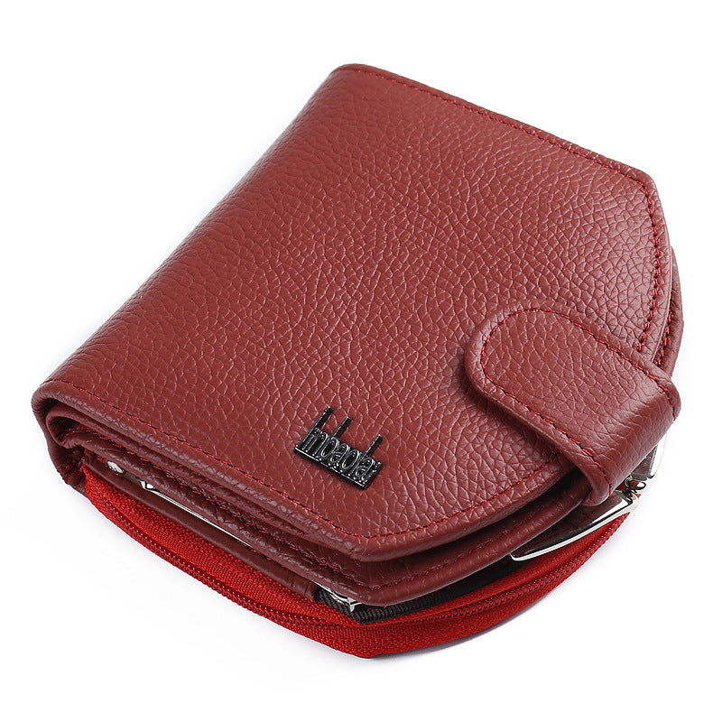 cowhide zipper tri fold leather buckle wallet