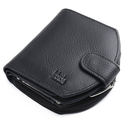 cowhide zipper tri fold leather buckle wallet