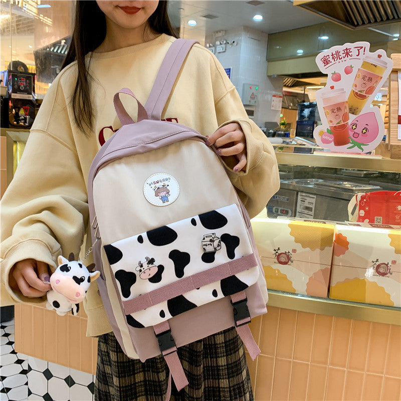 small fresh girl fashion cow pattern contrast color junior high school student schoolbag