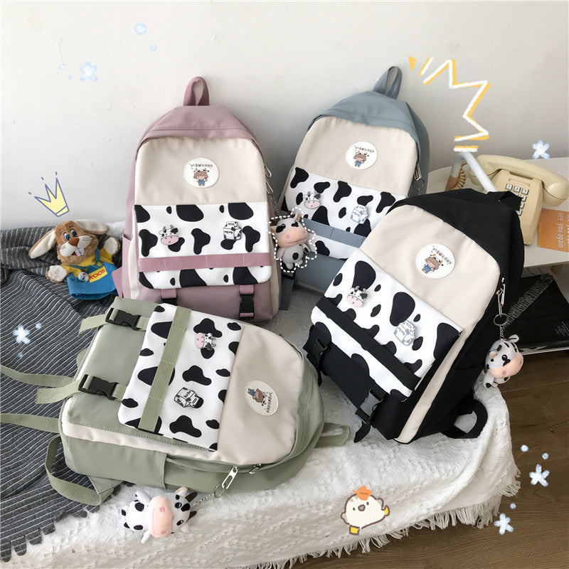 small fresh girl fashion cow pattern contrast color junior high school student schoolbag