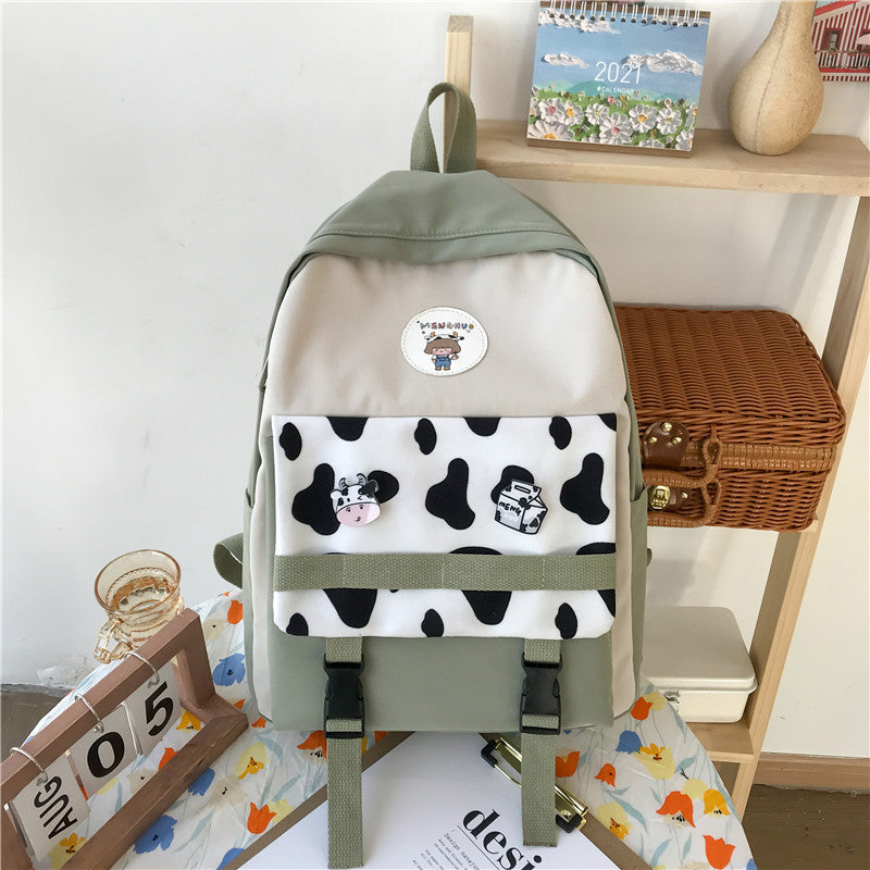 small fresh girl fashion cow pattern contrast color junior high school student schoolbag