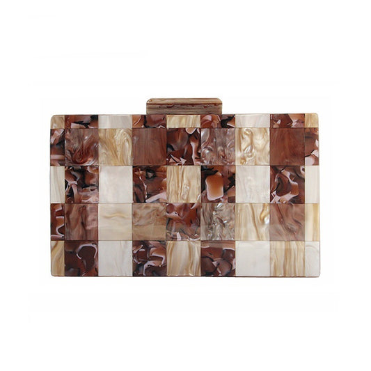 one shoulder diagonal bag brown multicolored stitching acrylic bag fashion all match wedding dinner clutch