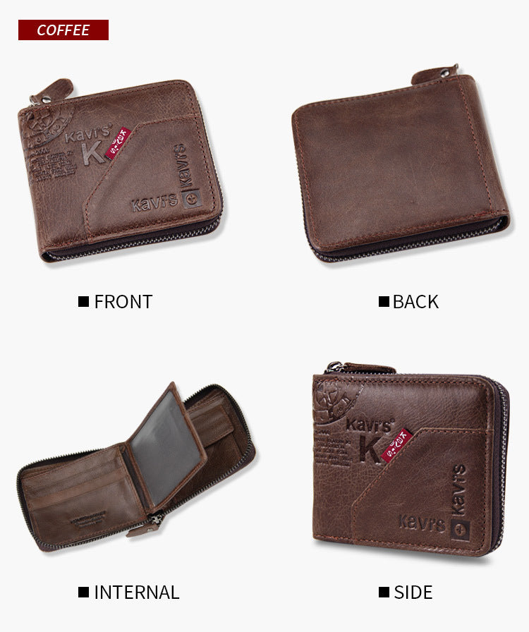 leather zipper crazy horse leather mens bag retro large capacity soft wallet leather wallet mens bag