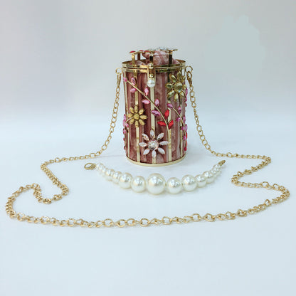 crystal flowers evening bag women new cute round pearl hollow out clutch purses and handbags luxury designer metallic bags