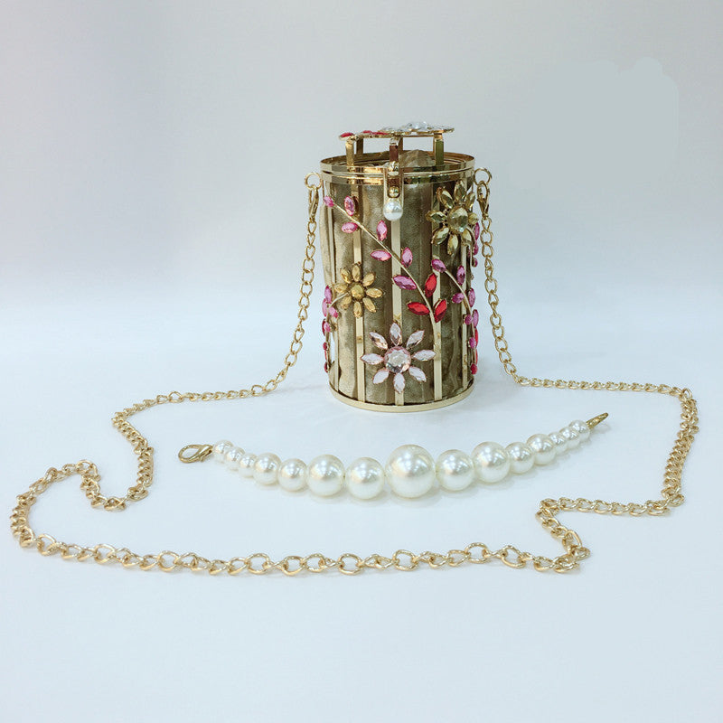 crystal flowers evening bag women new cute round pearl hollow out clutch purses and handbags luxury designer metallic bags