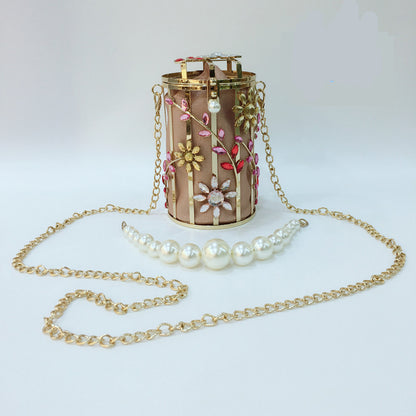 crystal flowers evening bag women new cute round pearl hollow out clutch purses and handbags luxury designer metallic bags