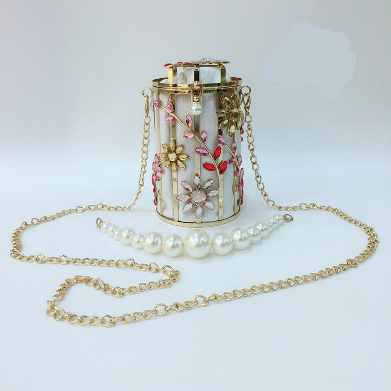 crystal flowers evening bag women new cute round pearl hollow out clutch purses and handbags luxury designer metallic bags
