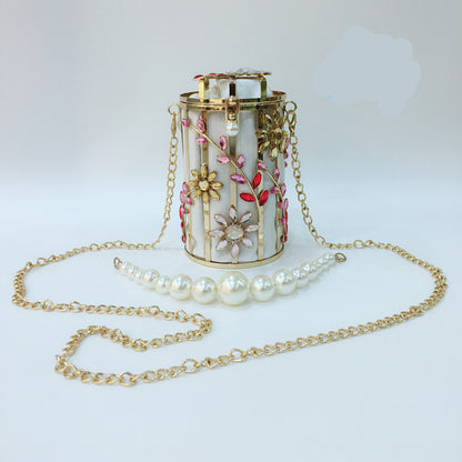 crystal flowers evening bag women new cute round pearl hollow out clutch purses and handbags luxury designer metallic bags