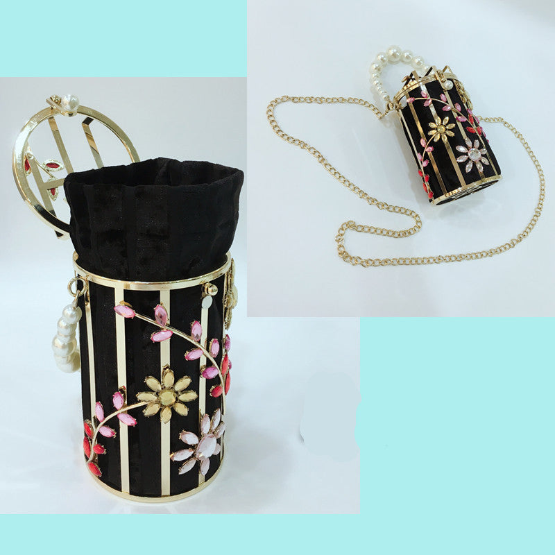 crystal flowers evening bag women new cute round pearl hollow out clutch purses and handbags luxury designer metallic bags