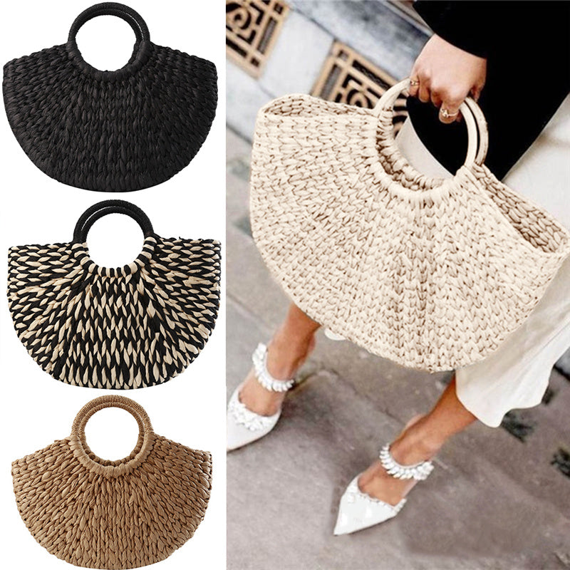 women handbag rattan wicker straw woven half round bag large capacity female casual travel tote fashion bolsos