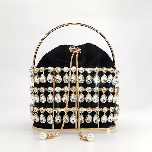 New Crystal Rhinestone Dinner Bag European And American Style Luxury Handmade Metal Gold Cage Hollow Handbag Wholesale