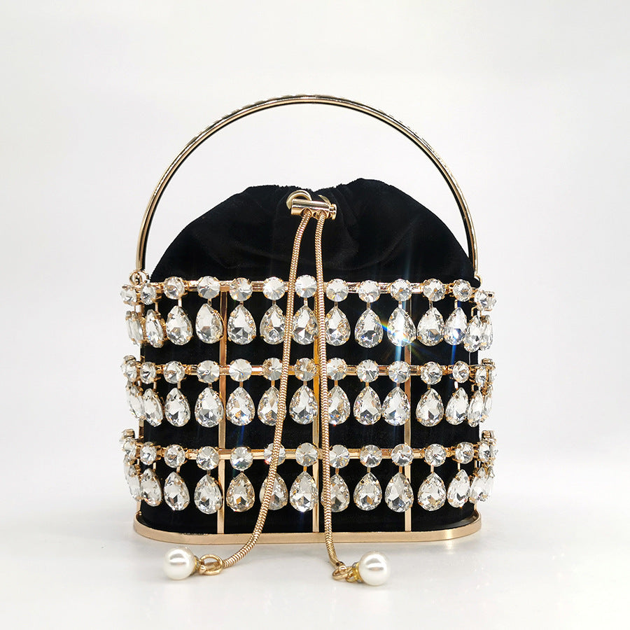 New Crystal Rhinestone Dinner Bag European And American Style Luxury Handmade Metal Gold Cage Hollow Handbag Wholesale