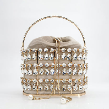 New Crystal Rhinestone Dinner Bag European And American Style Luxury Handmade Metal Gold Cage Hollow Handbag Wholesale