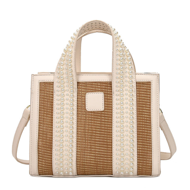trendy fashion hand woven pearl hand held small square bag shoulder messenger bag