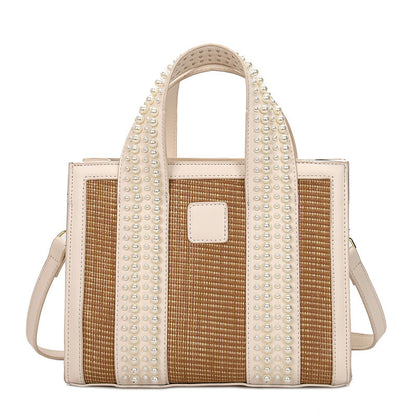 trendy fashion hand woven pearl hand held small square bag shoulder messenger bag